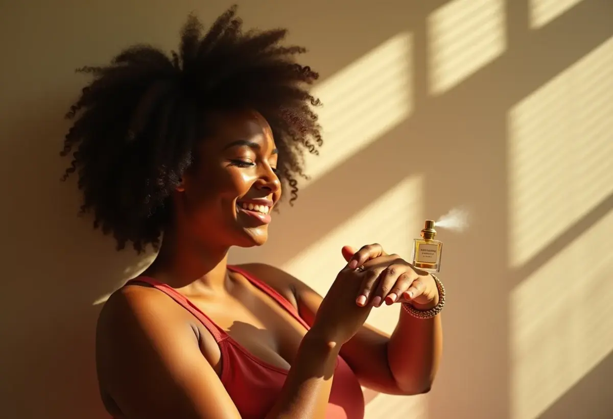 Mulher negra sorrindo enquanto aplica perfume no pulso