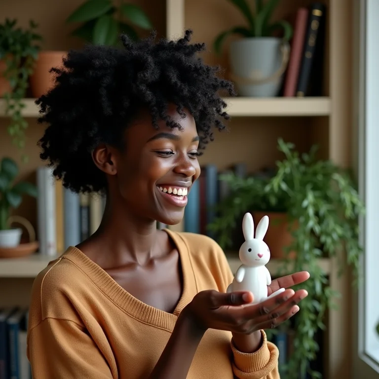Mulher negra sorrindo enquanto decora estante com coelhos de cerâmica.
