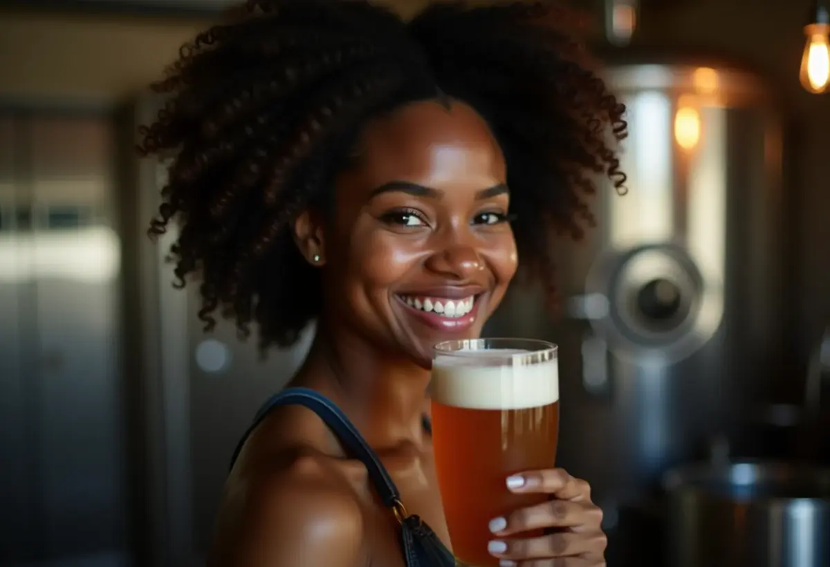 Mulher negra sorrindo enquanto produz cerveja artesanal em casa.