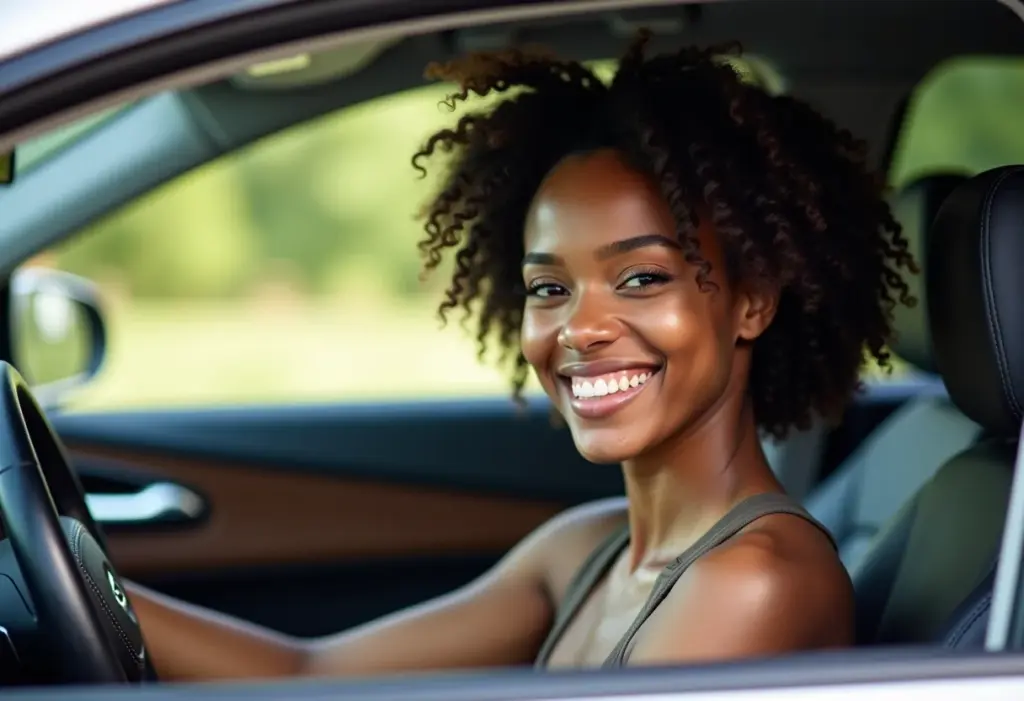 Revisão de 60.000 km: O que NINGUÉM te conta sobre ela Mulher negra sorrindo no carro durante revisão de 60.000 km