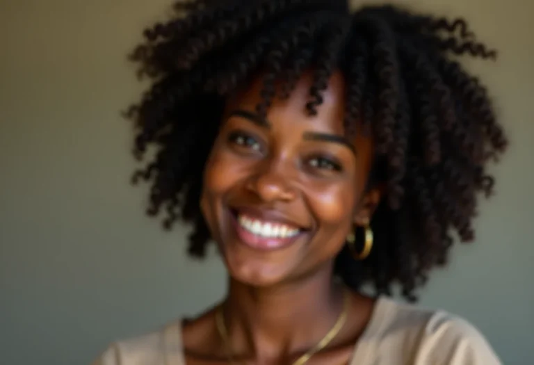 Mulher negra sorrindo, representando o feminismo