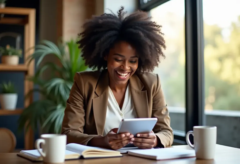 MEI, pare de perder vendas! Use estas ferramentas e espie seus concorrentes Mulher negra sorrindo trabalhando como MEI