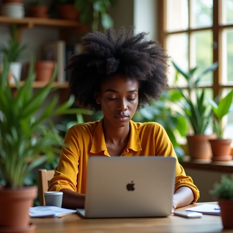 Mulher negra usando Copy.ai no laptop em um escritório criativo.