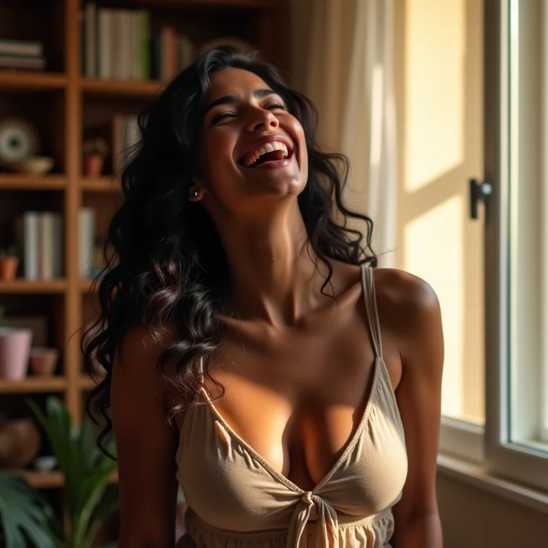 Mulher organizando sala de estar minimalista.