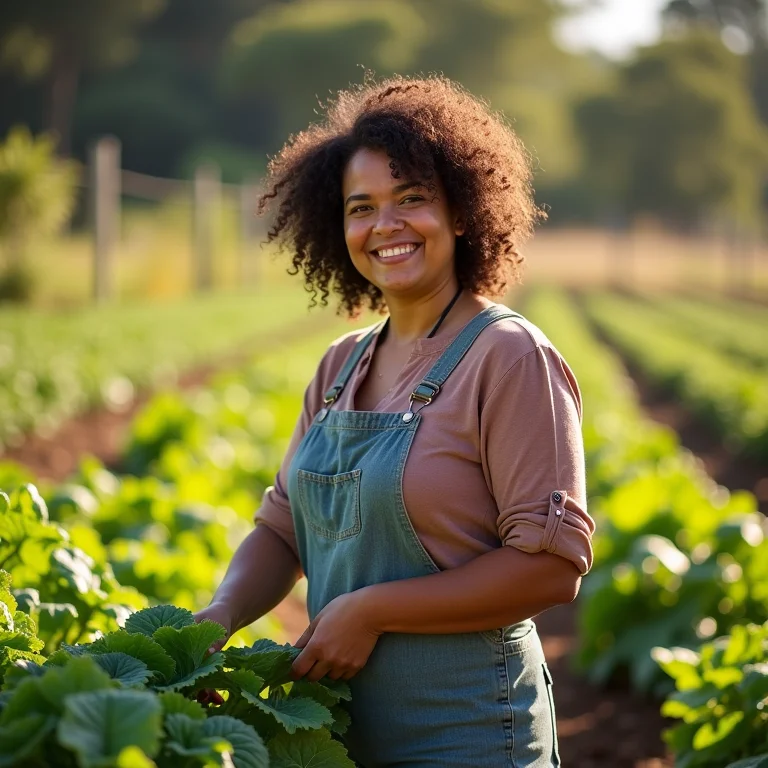 Mulher parda cuidando de sua horta com sulcos de irrigação