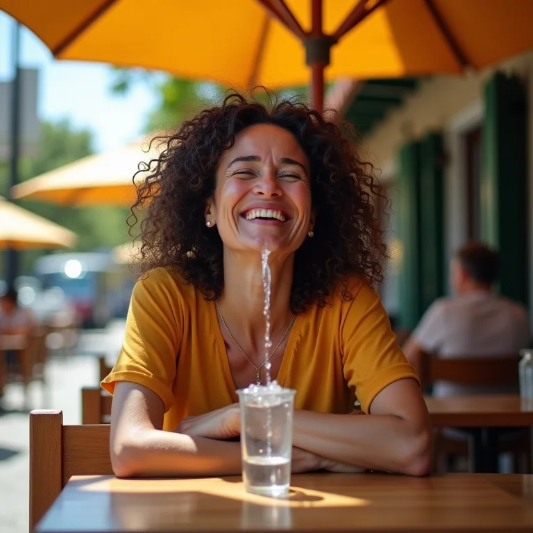 Mulher parda de meia-idade borrifando água termal para refrescar o rosto