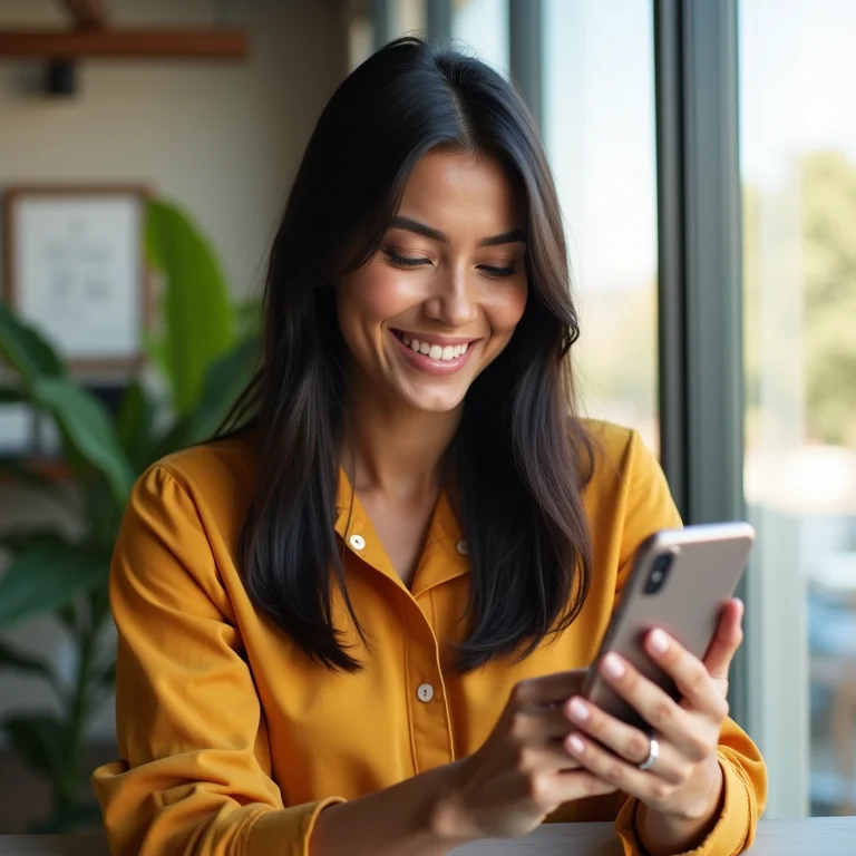 Mulher parda interagindo com seguidores em redes sociais usando celular.