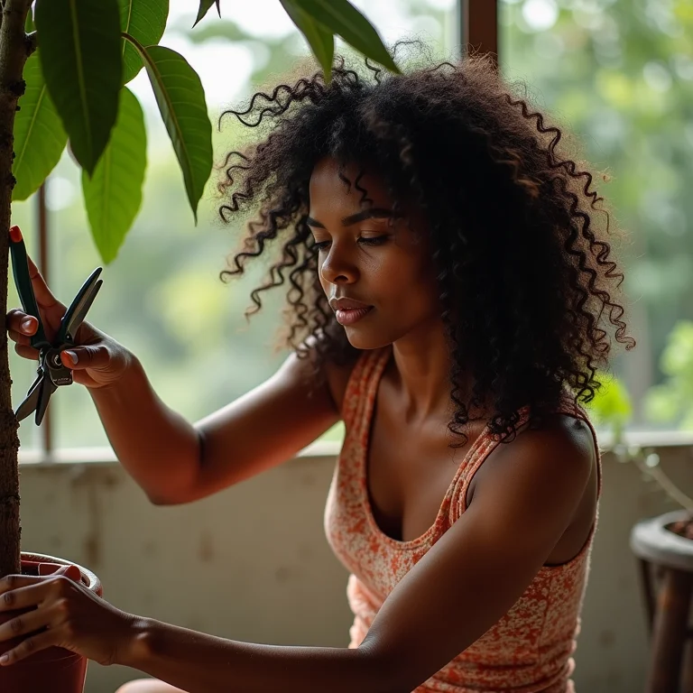 Mulher parda podando pitangueira em vaso