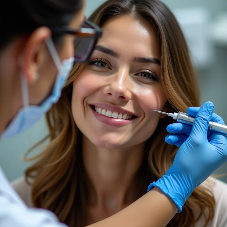 Mulher parda recebendo preenchimento labial com ácido hialurônico