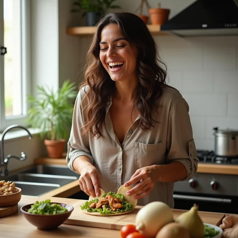 Mulher parda sorrindo enquanto prepara wrap de frango com guacamole