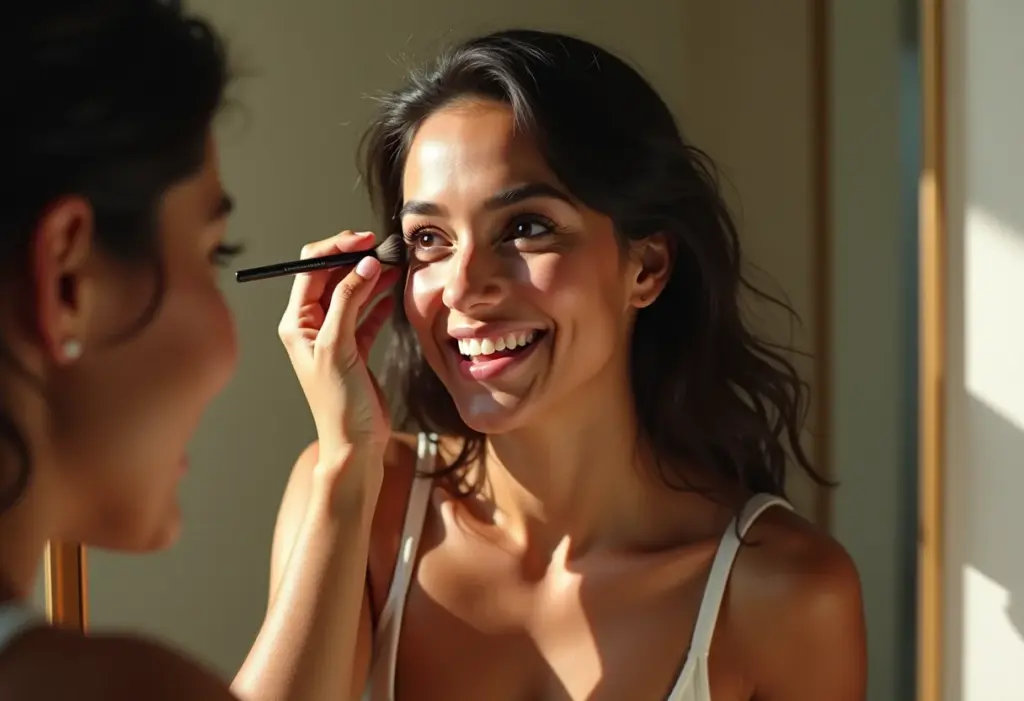 Mulher parda sorrindo enquanto se maquia para realçar os olhos pequenos