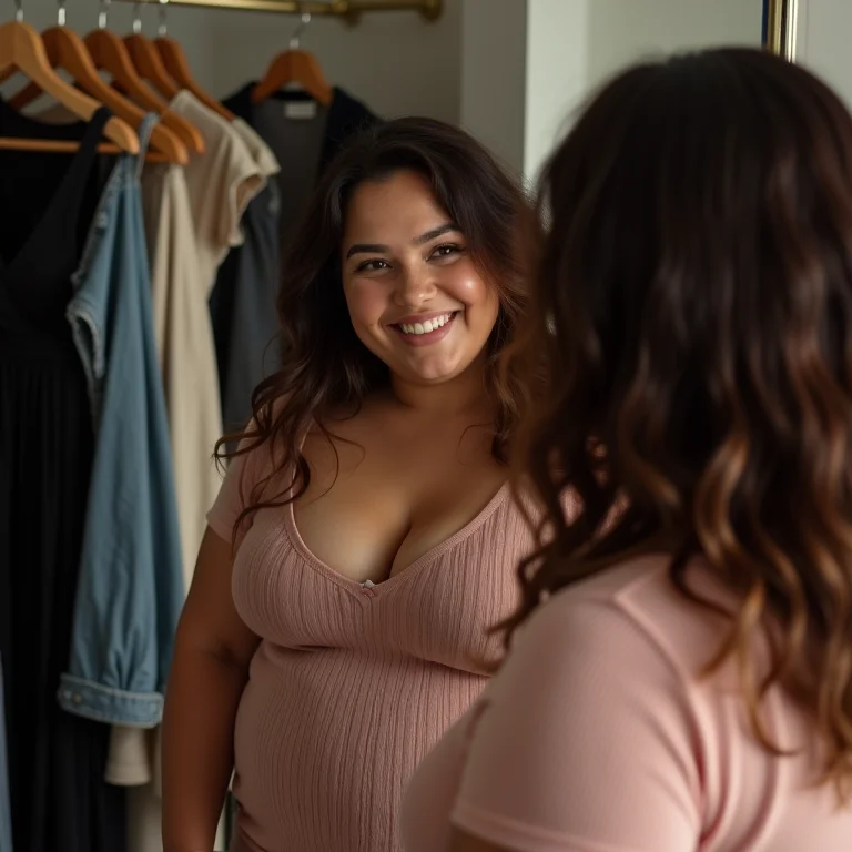 Mulher plus-size branca experimentando roupas no closet