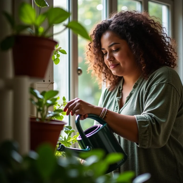 Mulher plus-size regando horta suspensa com regador