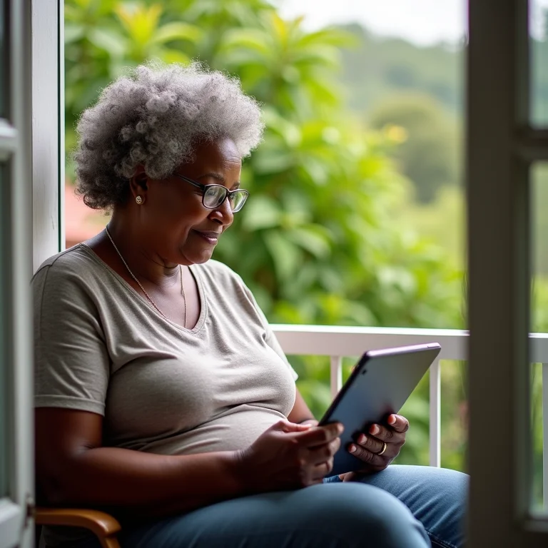 Mulher plus-size respondendo pesquisa em tablet.