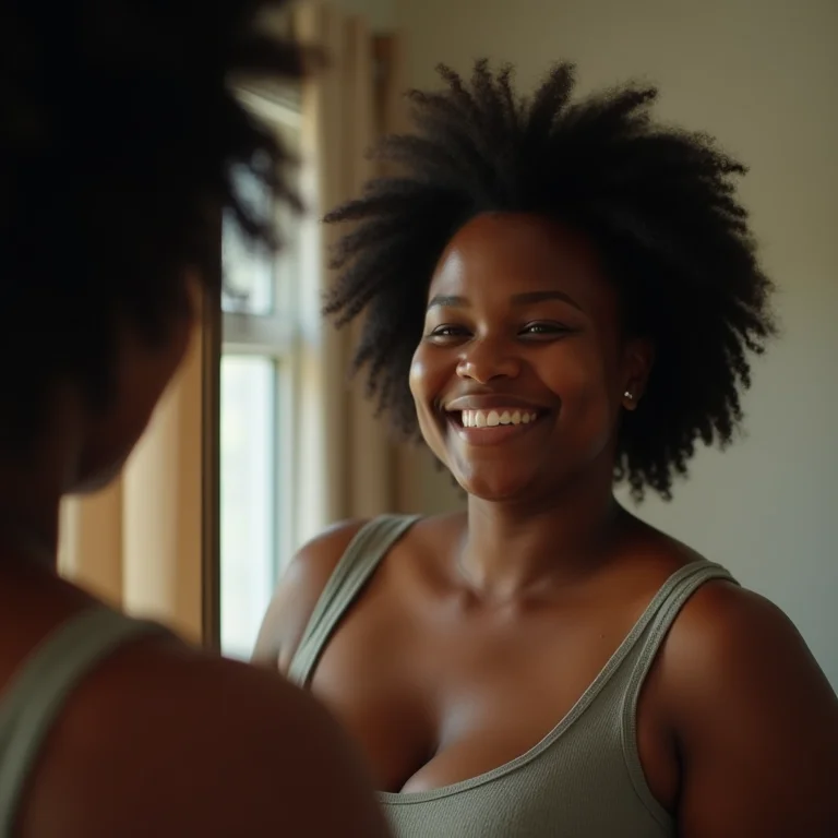 Mulher plus-size se admirando no espelho após meditação