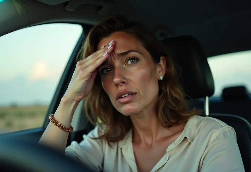 Compressor do ar condicionado: o erro fatal que pode te custar caro Mulher preocupada com ar condicionado do carro quebrado.