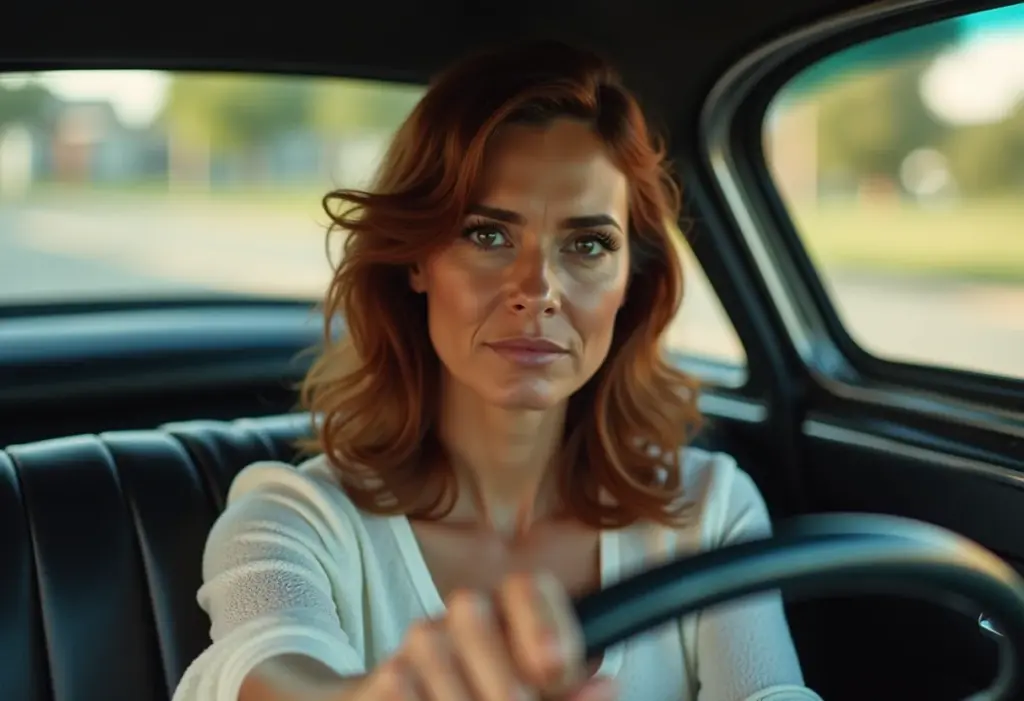 Ruído ao virar o volante? Mecânico revela os 5 culpados Mulher preocupada dirigindo carro antigo com problema na direção.