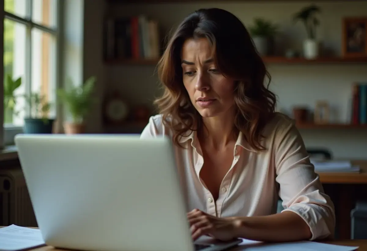 Mulher preocupada revisando documentos MEI em um laptop