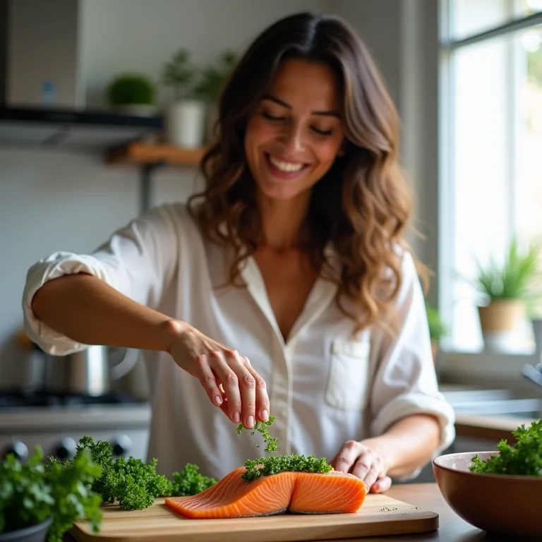 Mulher preparando salmão com azedinha na cozinha.