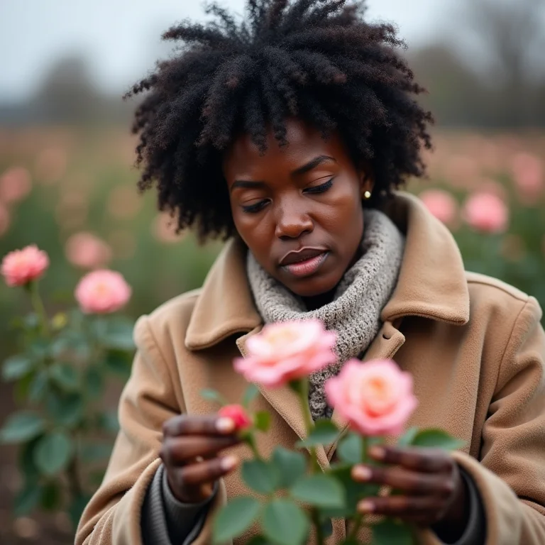 Mulher protegendo flor do deserto do frio
