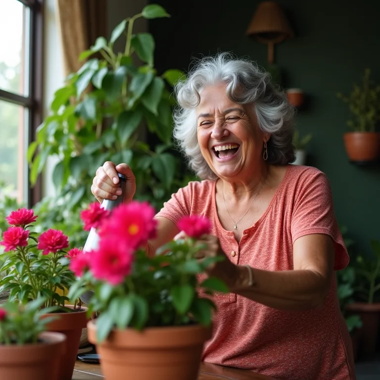 Mulher regando bougainvilleas coloridas em um jardim.