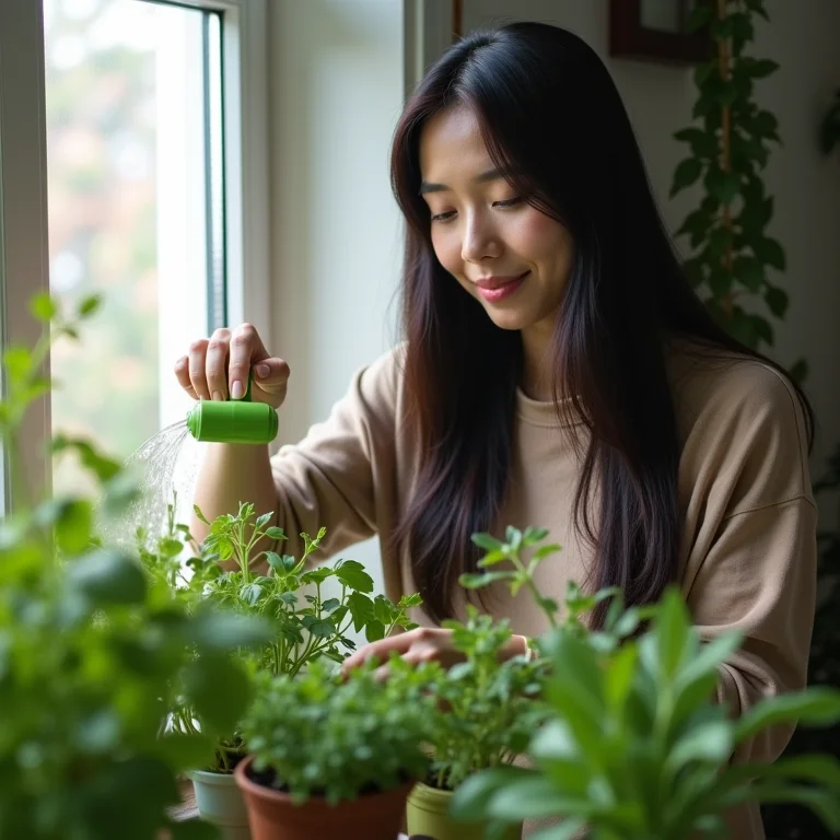 Mulher regando plantas em horta de apartamento