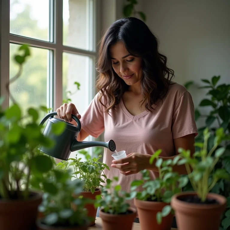 Mulher regando sua horta em garrafa PET.