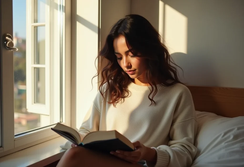 Mulher relaxando em casa com janela acústica