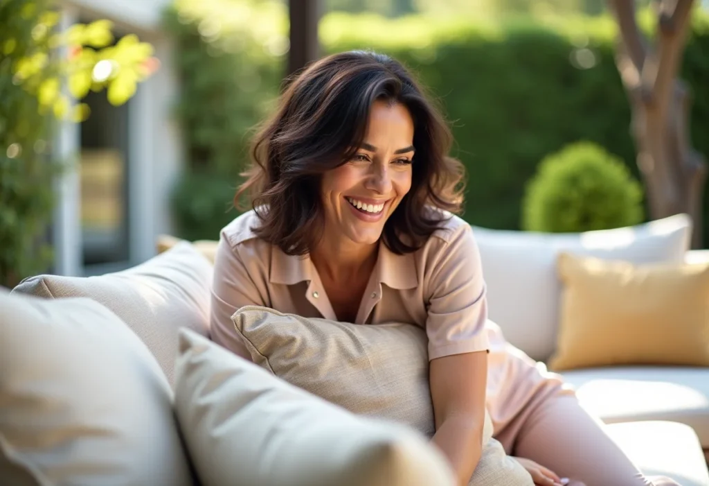 Mulher relaxando em um oásis particular com móveis de jardim confortáveis.