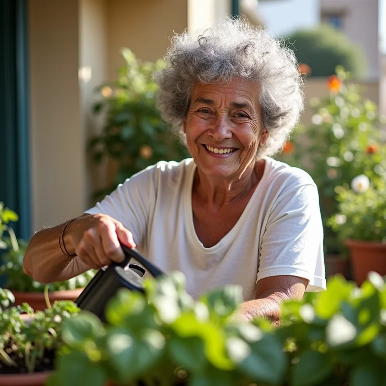 Mulher sênior sorrindo enquanto cuida de sua horta de ervas em uma varanda ensolarada.