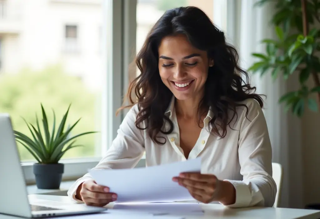 Mulher sorrindo analisando documentos MEI