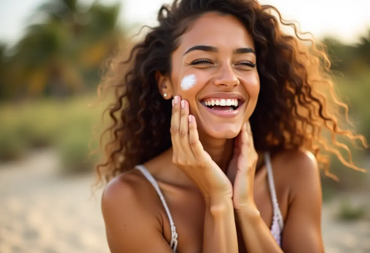 Mulher sorrindo aplicando protetor solar no rosto