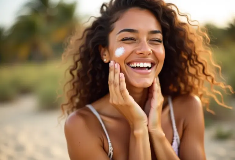 Mulher sorrindo aplicando protetor solar no rosto