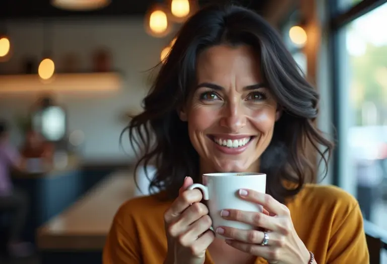 Mulher sorrindo apreciando uma xícara de café