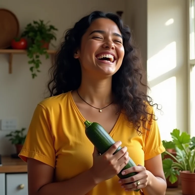 Mulher sorrindo com abobrinha na cozinha.