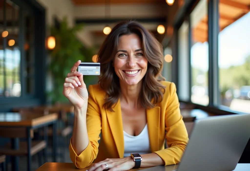 Cartão de crédito com limite alto: O segredo que os bancos não revelam Mulher sorrindo com cartão de crédito em café ensolarado