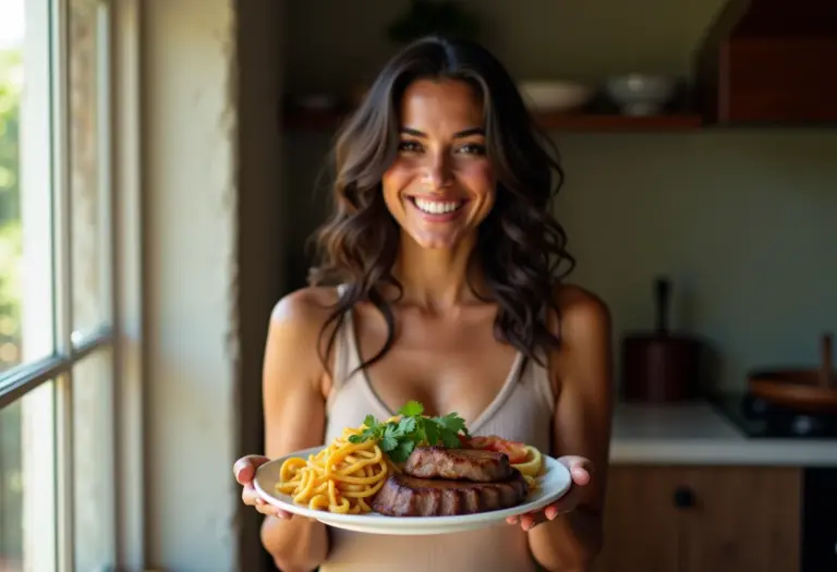 Mulher sorrindo com prato de carne de sol