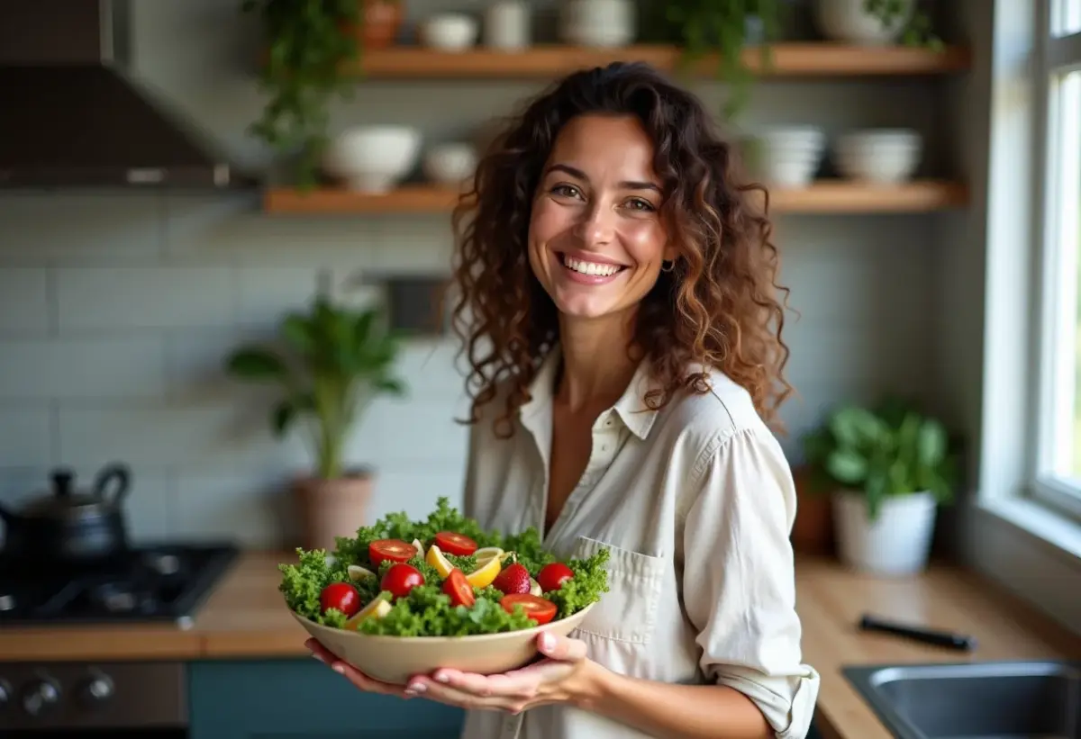 Mulher sorrindo com salada colorida