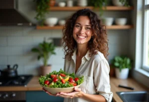 Alimentação saudável para vender: o cardápio que explode em vendas Mulher sorrindo com salada colorida