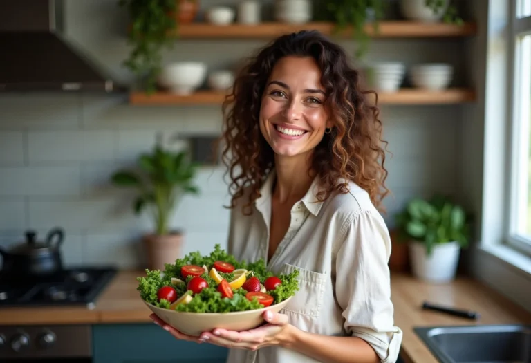 Mulher sorrindo com salada colorida