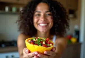 Mulher sorrindo com tapioca colorida