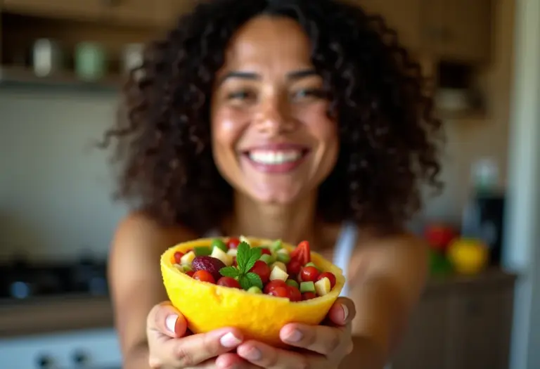 Mulher sorrindo com tapioca colorida
