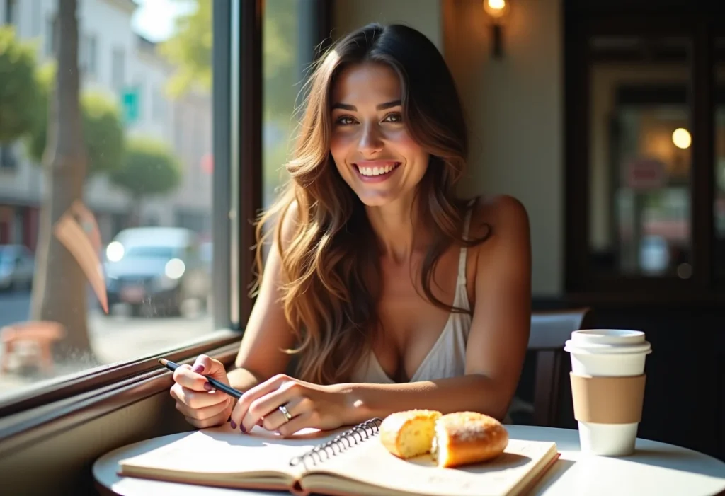 Mulher sorrindo em café com tema de viagem