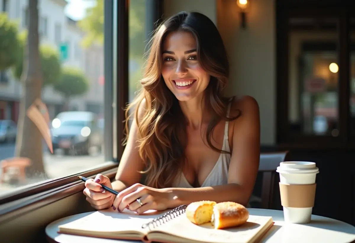 Mulher sorrindo em café com tema de viagem