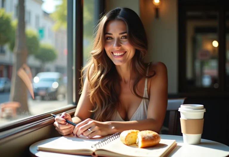 Mulher sorrindo em café com tema de viagem