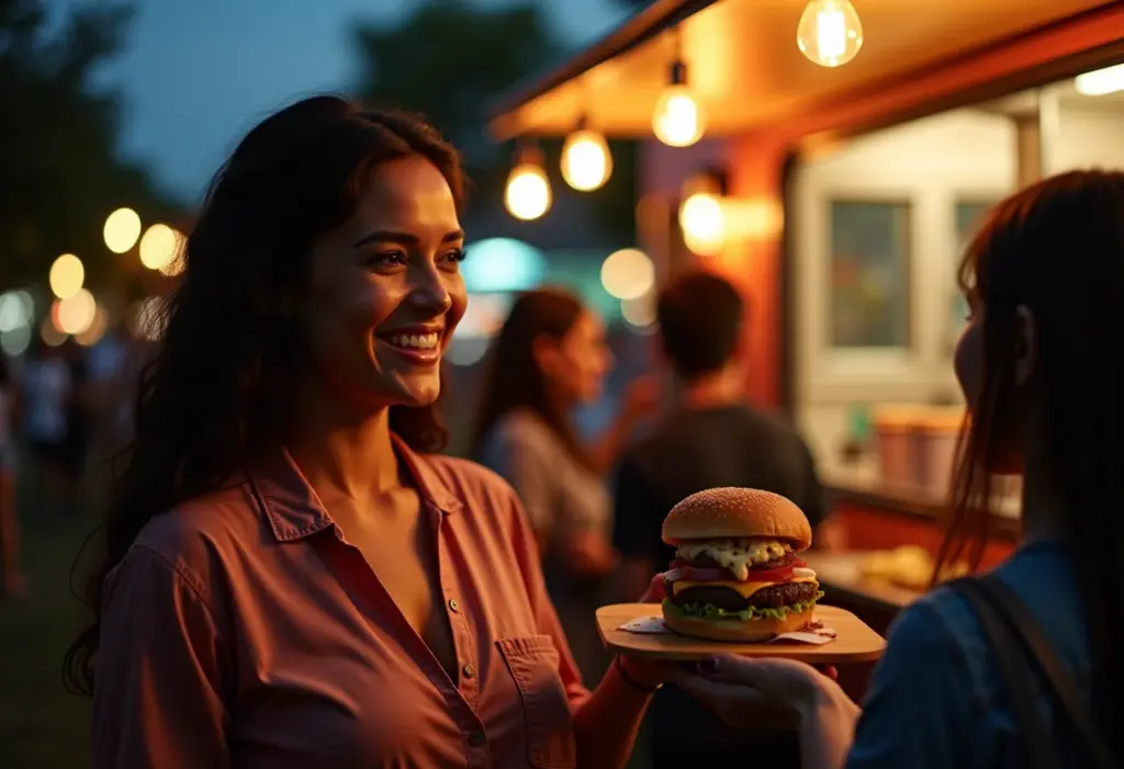 Food truck: O guia definitivo para saber se vale a pena em 2024 Mulher sorrindo em frente a food truck.