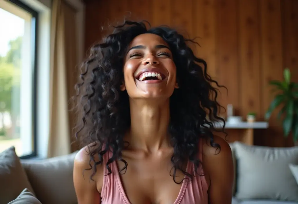 Reforma de sala de streaming: 5 erros que você precisa evitar Mulher sorrindo em sala de streaming renovada