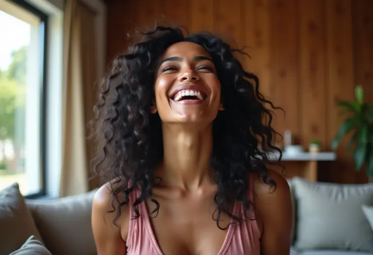 Mulher sorrindo em sala de streaming renovada