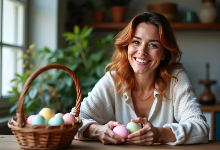 Mulher sorrindo enquanto decora cesta de Páscoa com ovos coloridos.
