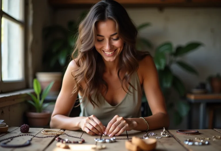 Mulher sorrindo enquanto fotografa joias artesanais